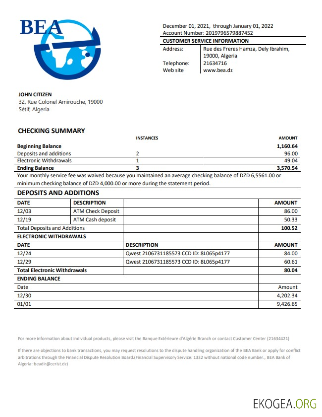 Algérie Relevé bancaire de la Banque extérieure d'Algérie w1